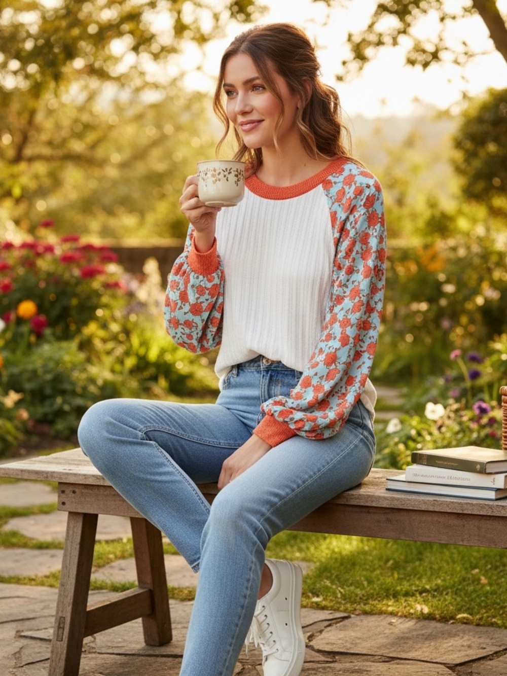 Ces Femme White Knit top with Coral Floral Raglan Sleeves